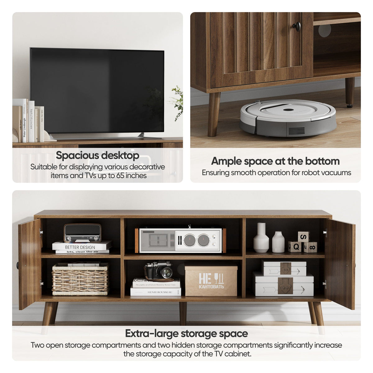 55" TV Cabinet with Vertical Groove Doors & Adjustable Shelves - Walnut