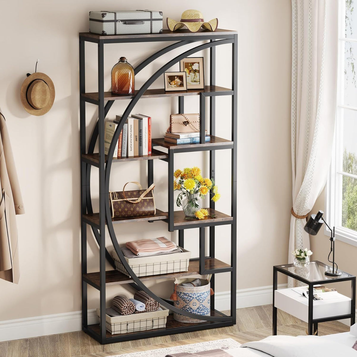 5 Tier Etagere Bookshelf with 8 Open Shelves - Dark Brown or Dark Gray