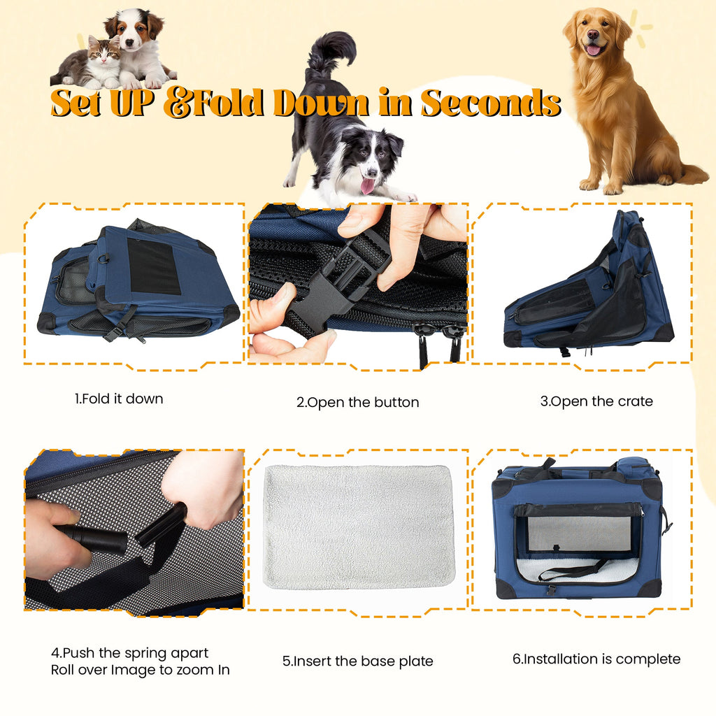 40" Soft Dog Crate with Fleece Mat - 3 Mesh Doors - Dark Blue