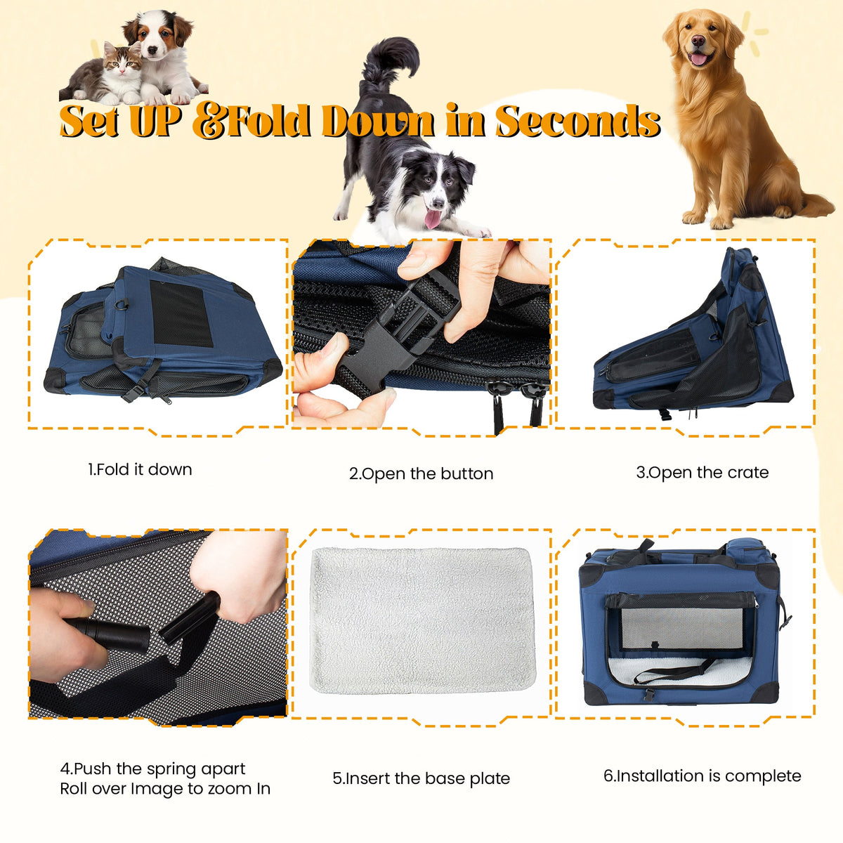 40" Soft Dog Crate with Fleece Mat - 3 Mesh Doors - Dark Blue