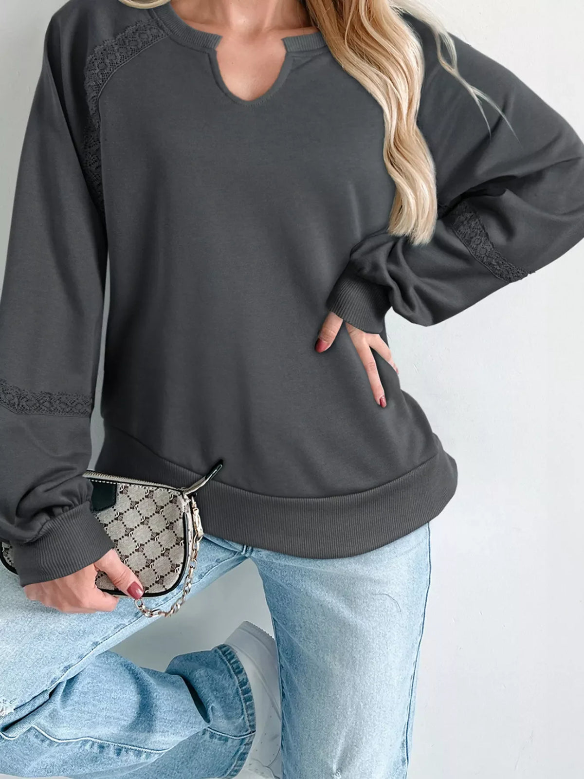 Lace Patchwork Detail Notched Mineral Wash Sweatshirt