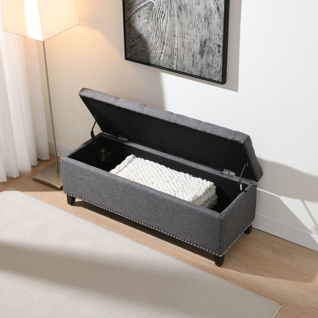 Button-Tufted Storage Ottoman with Safety Close Hinge - Light Brown or Black
