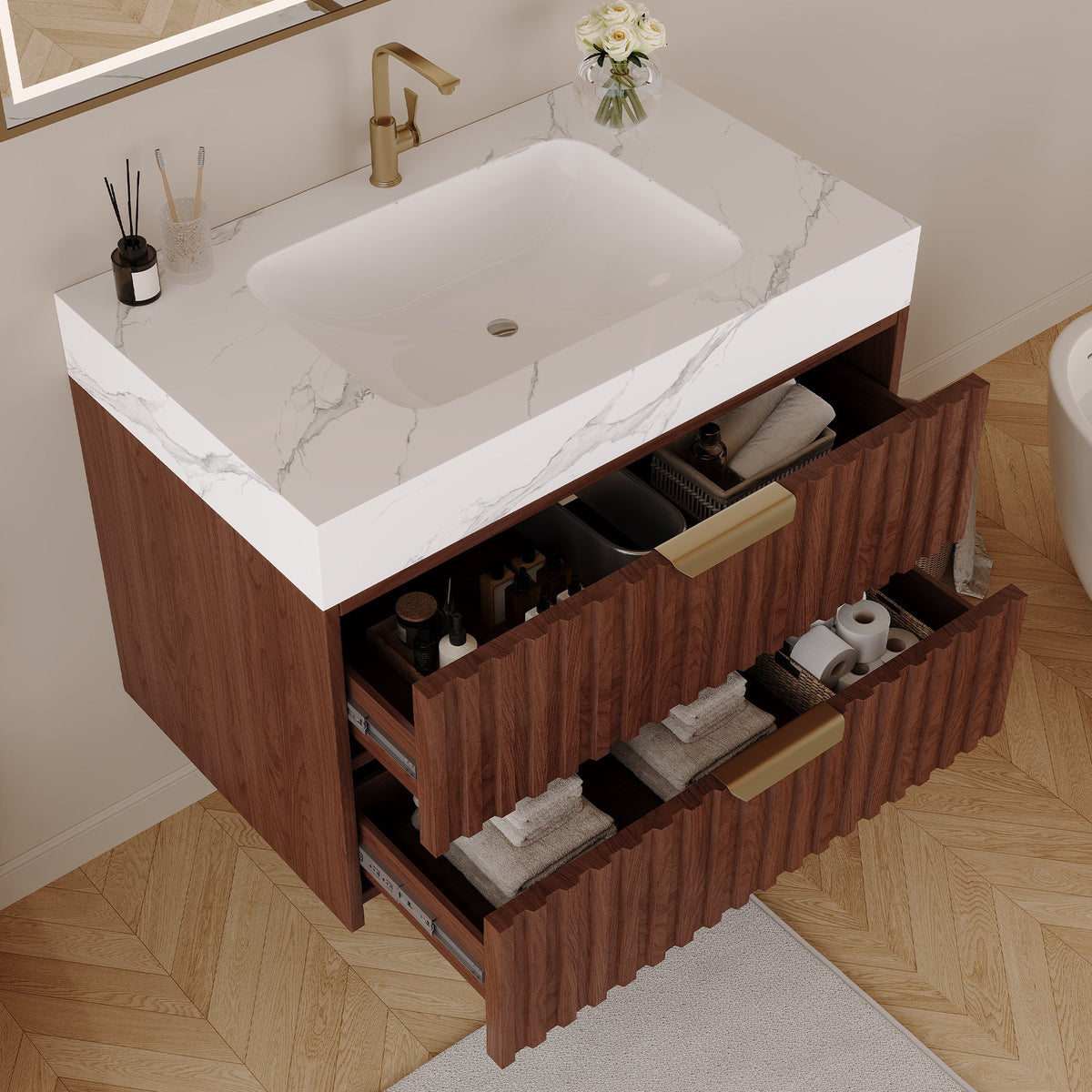 30" Modern Floating Bathroom Vanity with Seamless Sintered Stone Top - Walnut, White or Brown, Walnut