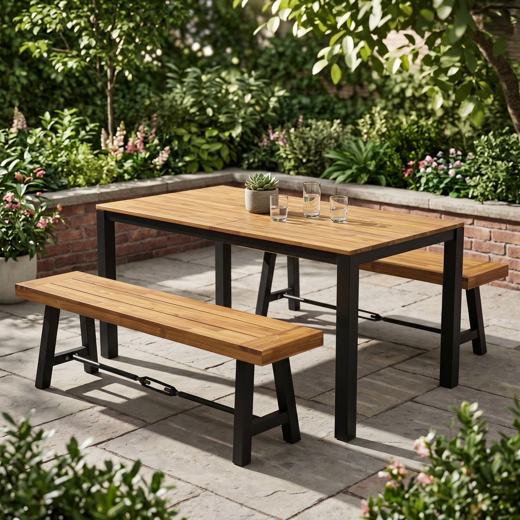 Outdoor Acacia Wood Dining Set with 71" Table & 2 Benches - Black/Teak