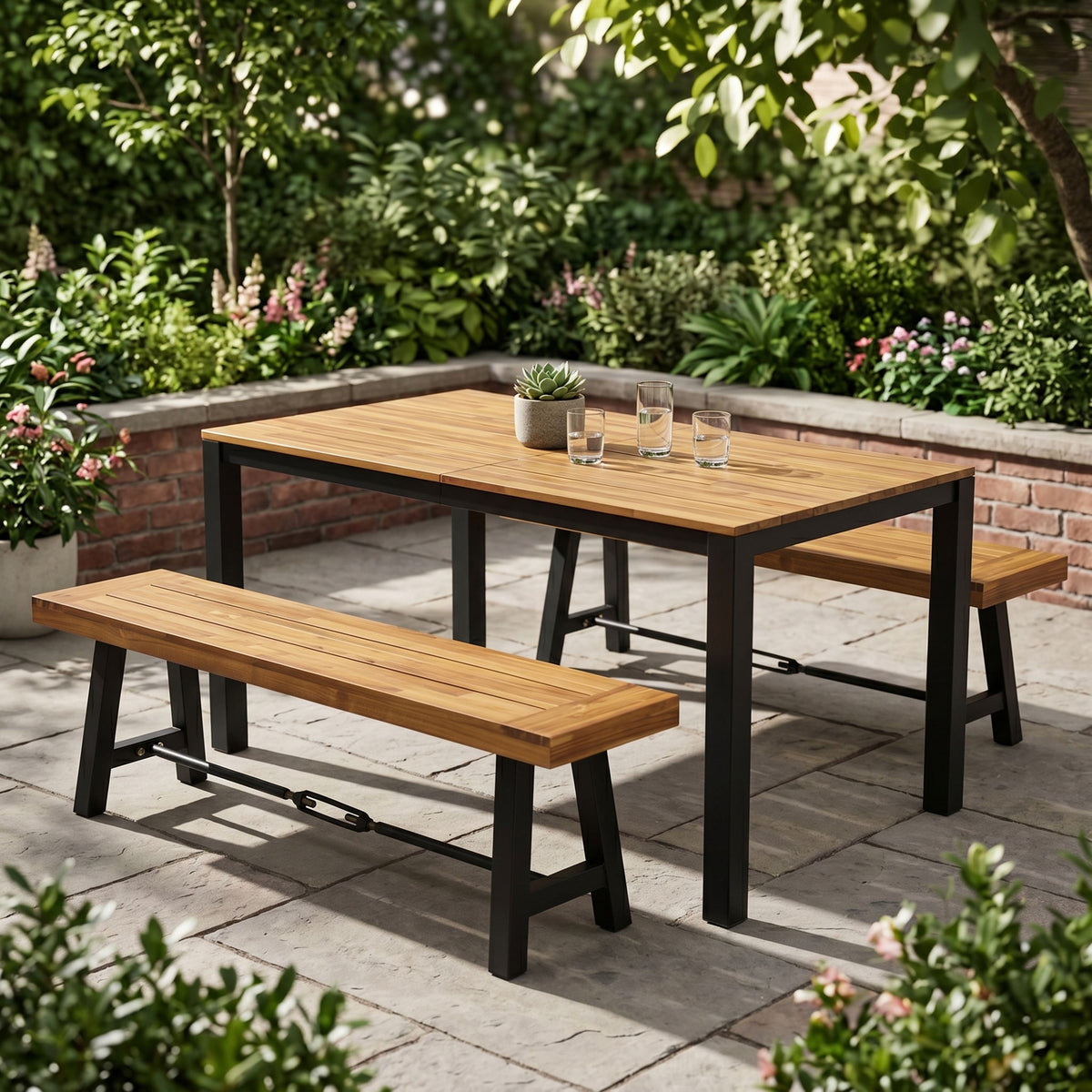 Outdoor Acacia Wood Dining Set with 71" Table & 2 Benches - Black/Teak
