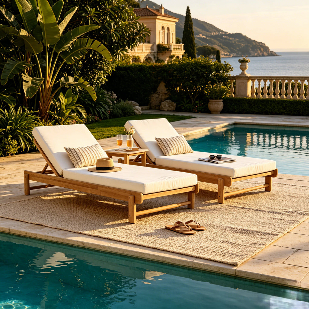 Light Teak Acacia Wood Chaise Lounge Set with Adjustable Backrest - Light Teak