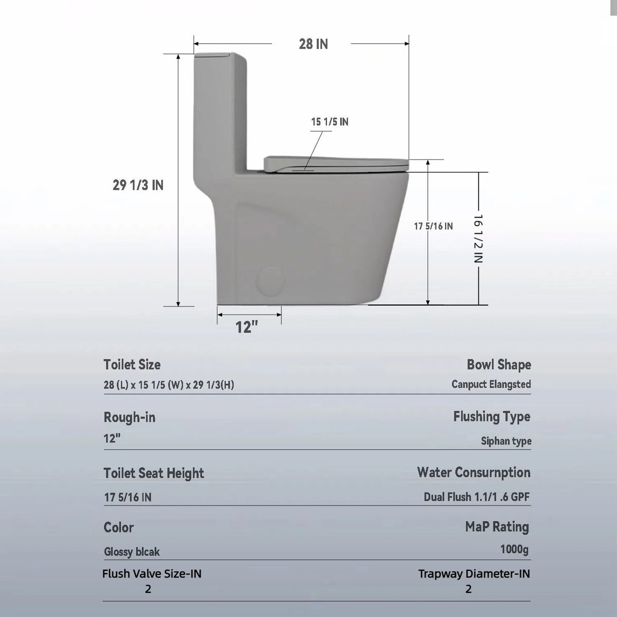 1 Piece Toilet with Tornado Flush and Dual Flush - ADA Height Chair - Gray, Pink, or Black