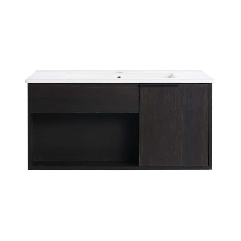 Wall Mounted Floating Bathroom Vanity with Open Shelf & Soft Close Door - Dark Brown