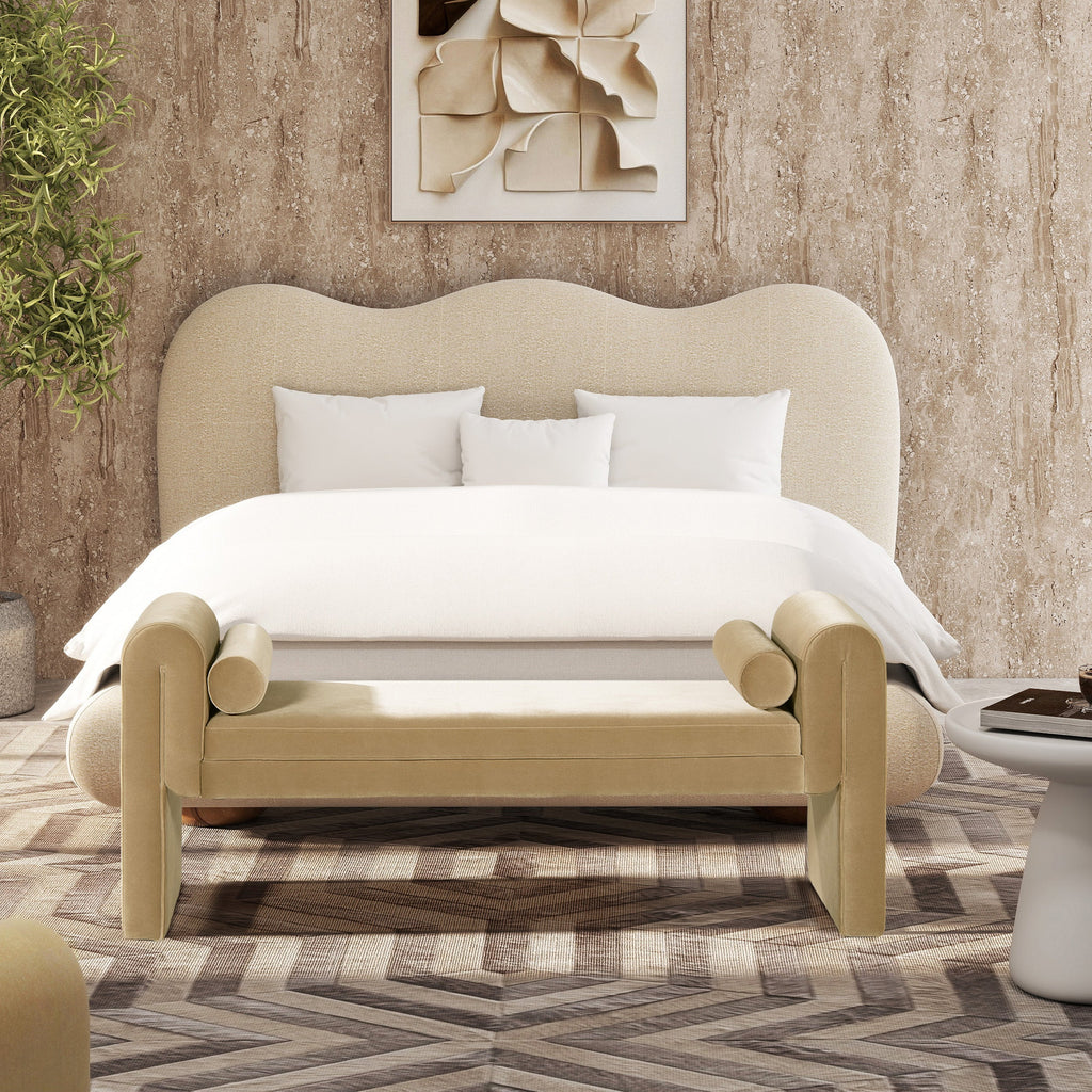 Mason 60.5" Upholstered Bench with Arched Arms and Bolster Pillows - Camel Brown Beige Velvet