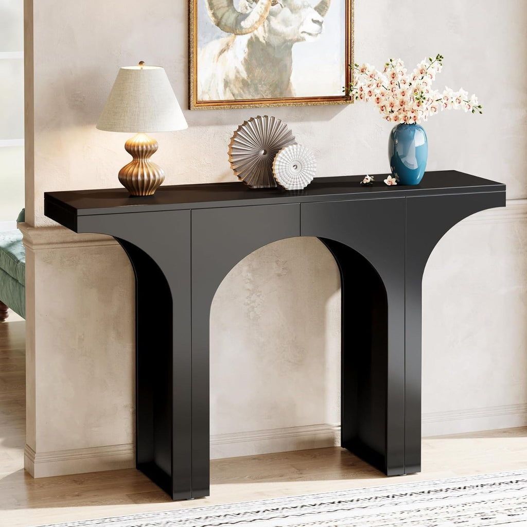 Black Console Table with Arched Base - Solid Wood & MDF