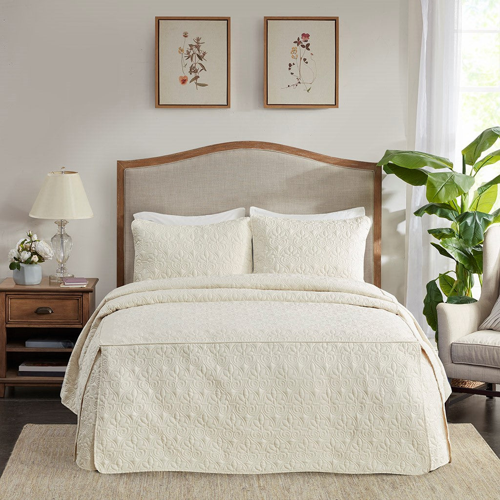 Split Corner Pleated Quilted Bedspread Set with Classic Stitch – 3 Piece - Polyester
