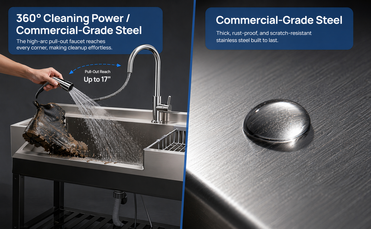 Stainless Steel Utility Sink with Pull-Out Faucet - Silver & Black