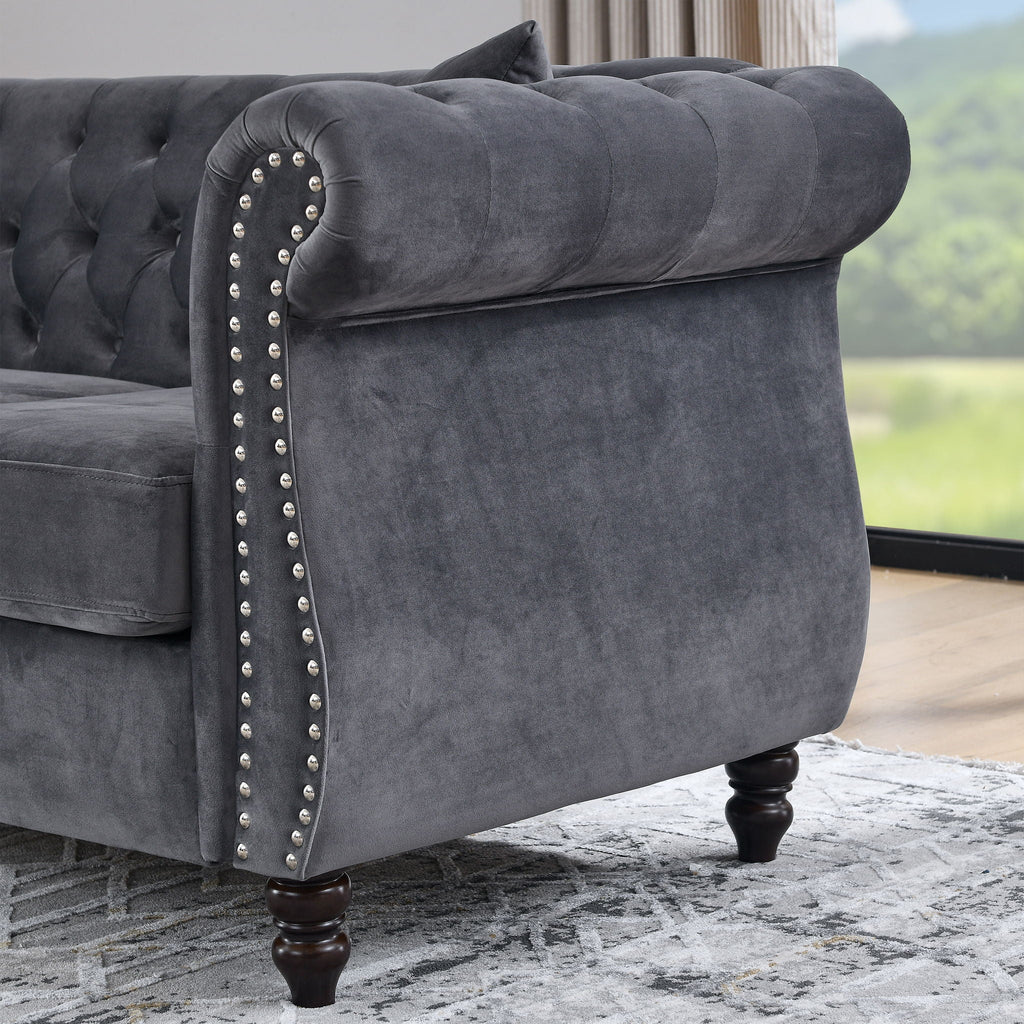 Chesterfield Sofa with Rolled Arms and Nailhead Trim – Solid Wood Frame