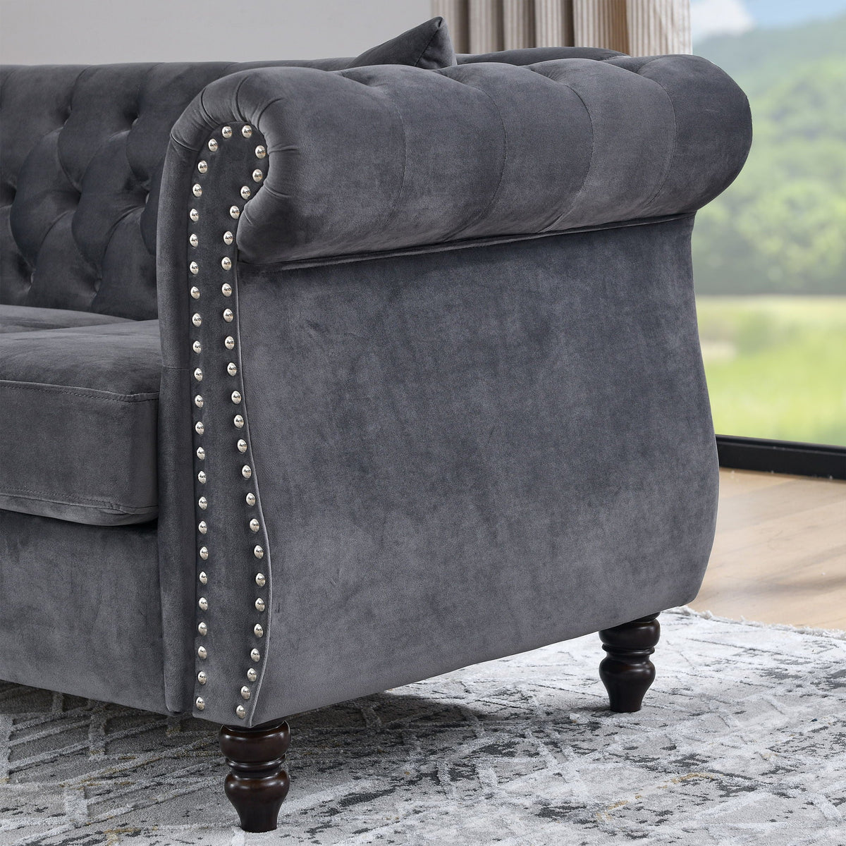 Chesterfield Sofa with Rolled Arms and Nailhead Trim – Solid Wood Frame