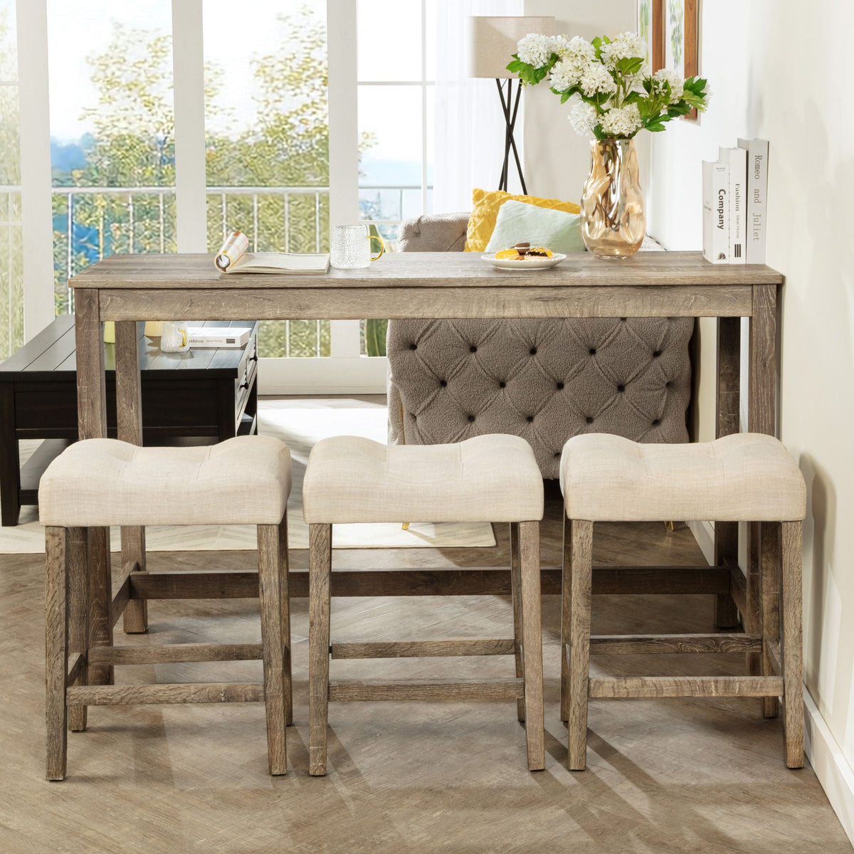 4 Piece Bar Table Set with Power Outlet and 3 Padded Stools - Light Brown or Dark Gray