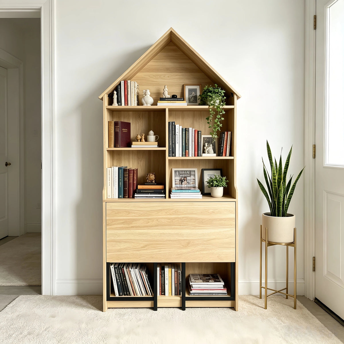 Folding Craft Desk with Storage Shelves - Natural Wood