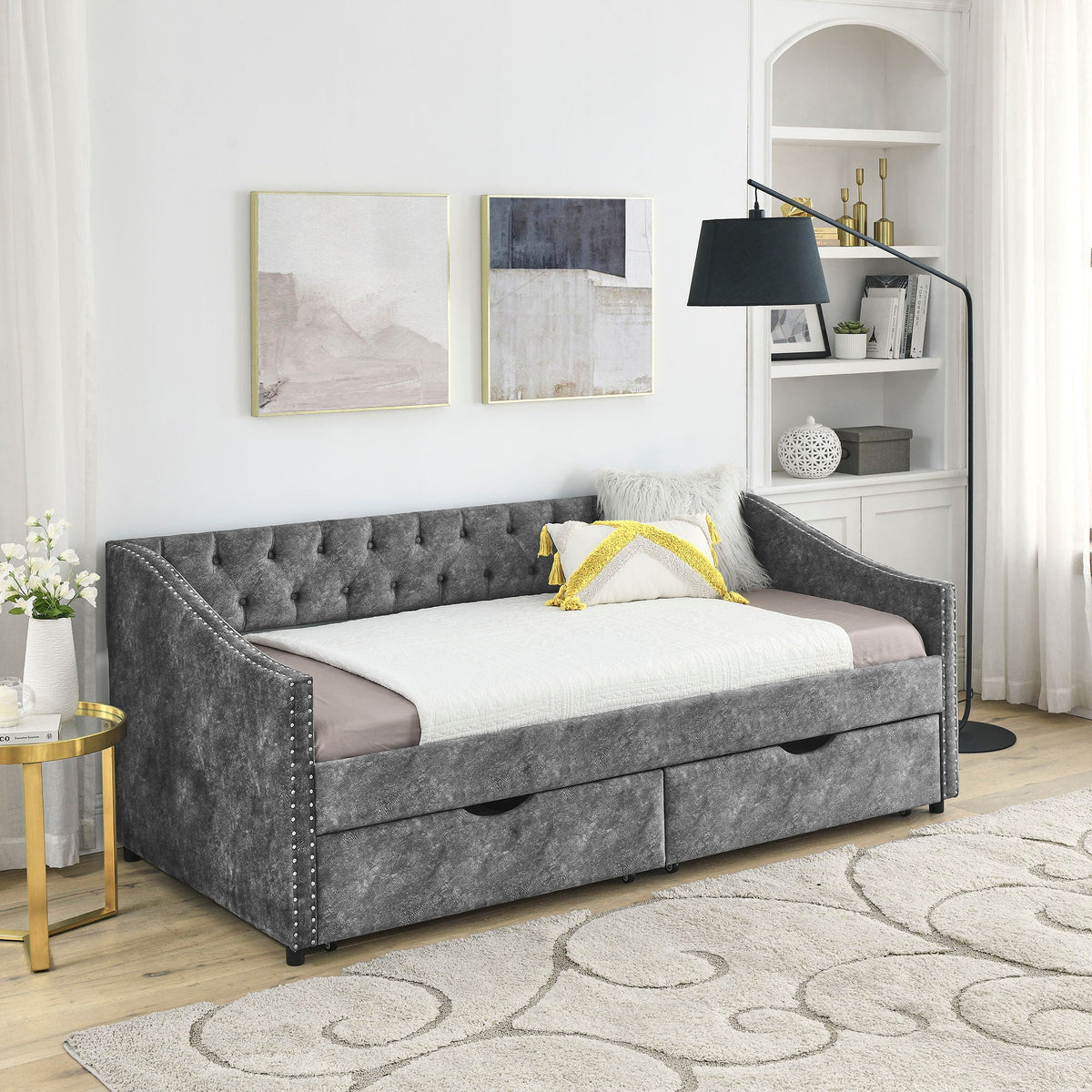 Upholstered Tufted Daybed with 2 Drawers and Waved Arms - Multiple Colors