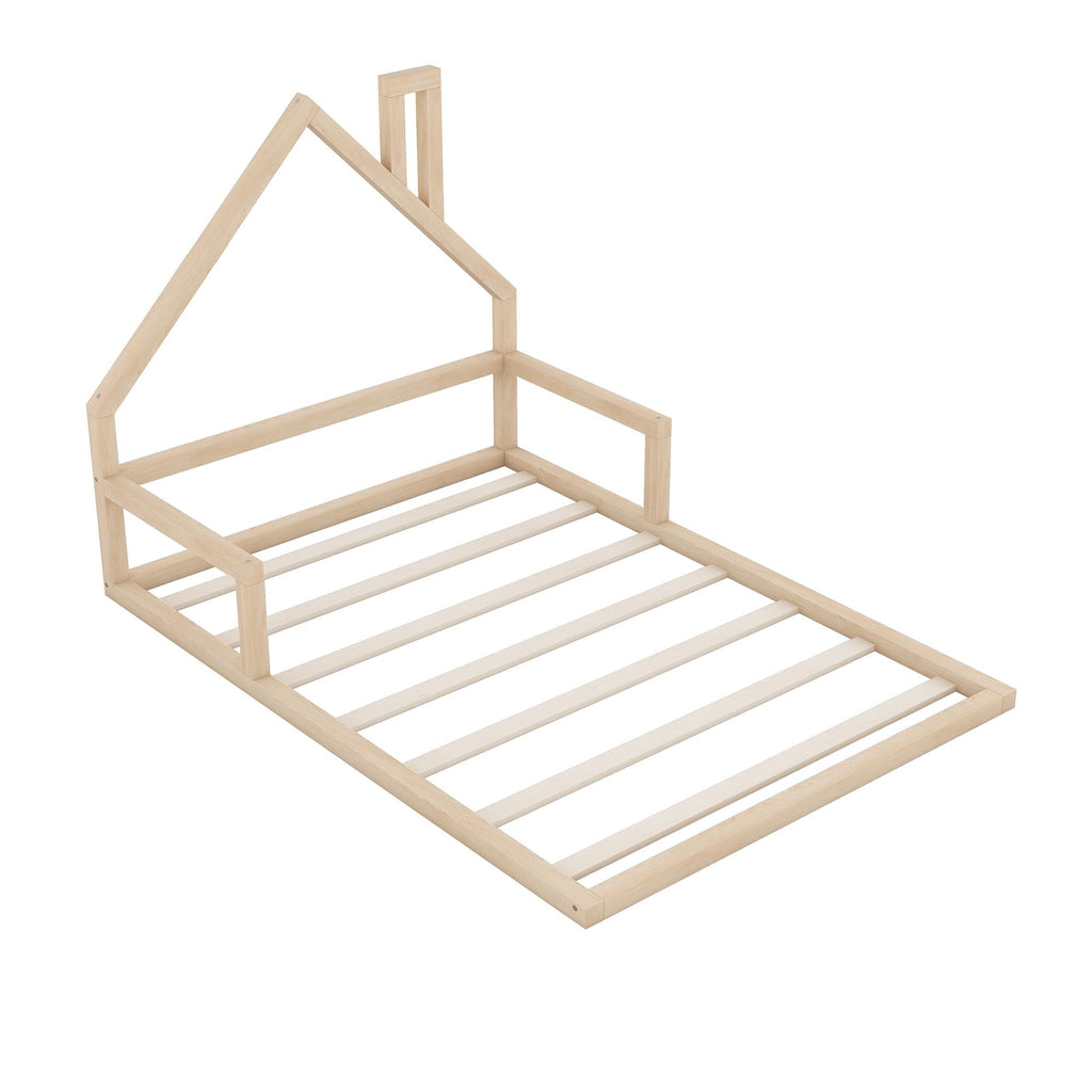 Elegant Floor Bed With House Shaped Headboard - Full Size Solid Wood