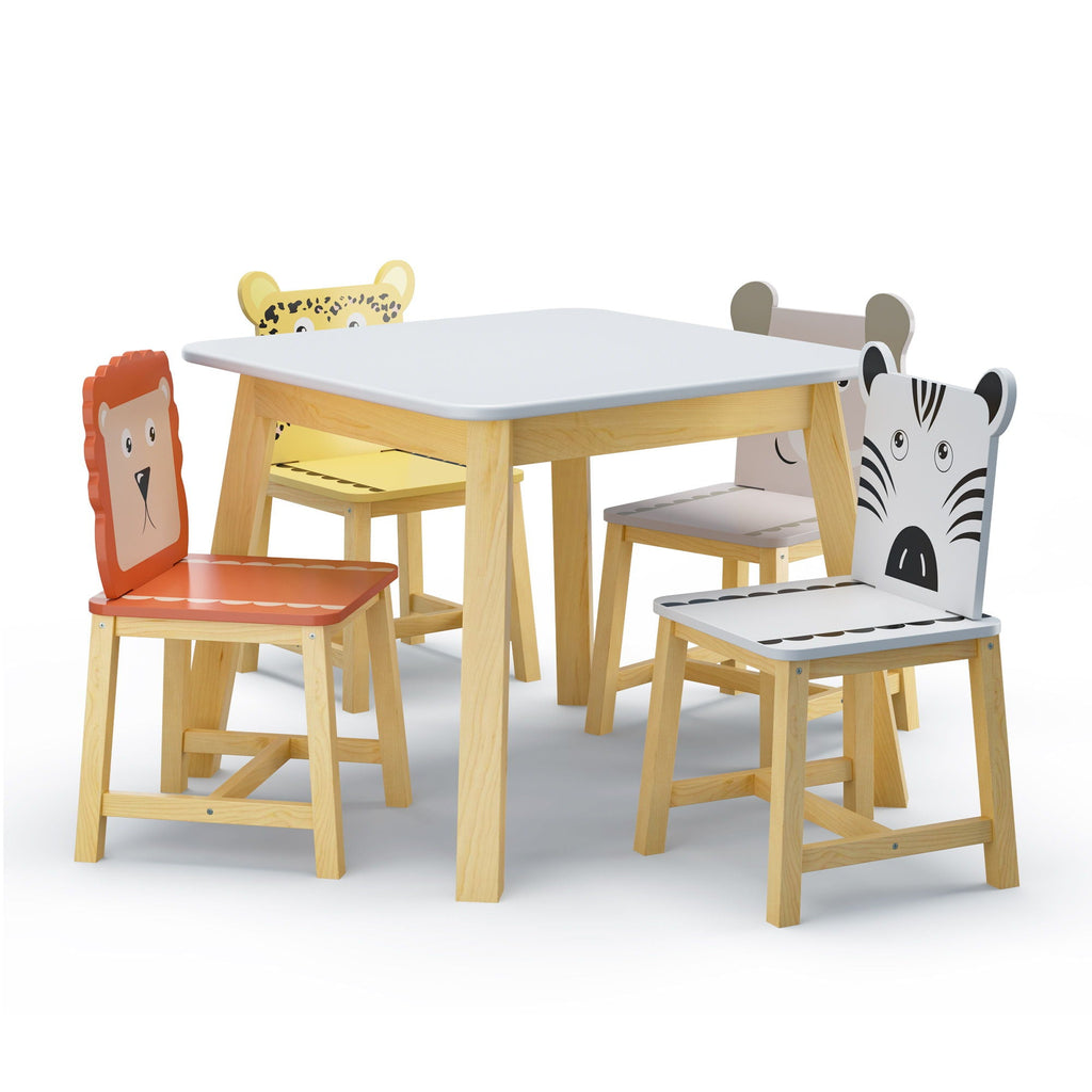 Kids Table and Chair Set with Cartoon Animals Design - White