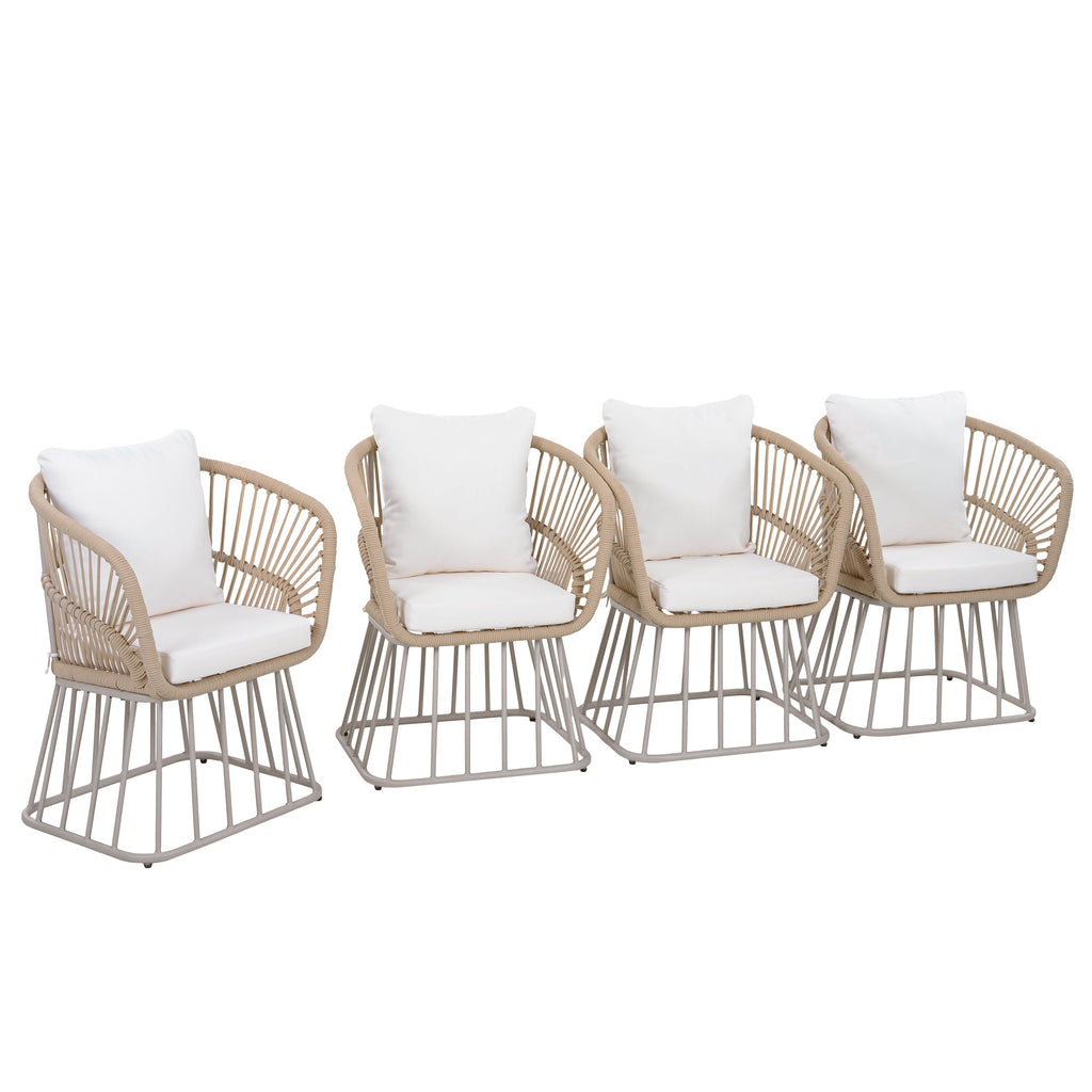 Teak Finish Wicker Outdoor Dining Chair with Steel Frame - Beige