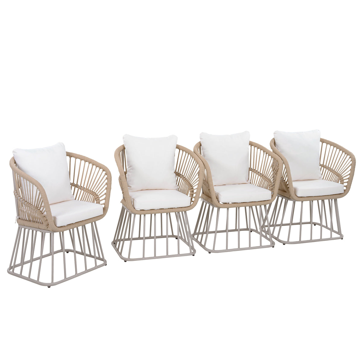 Teak Finish Wicker Outdoor Dining Chair with Steel Frame - Beige