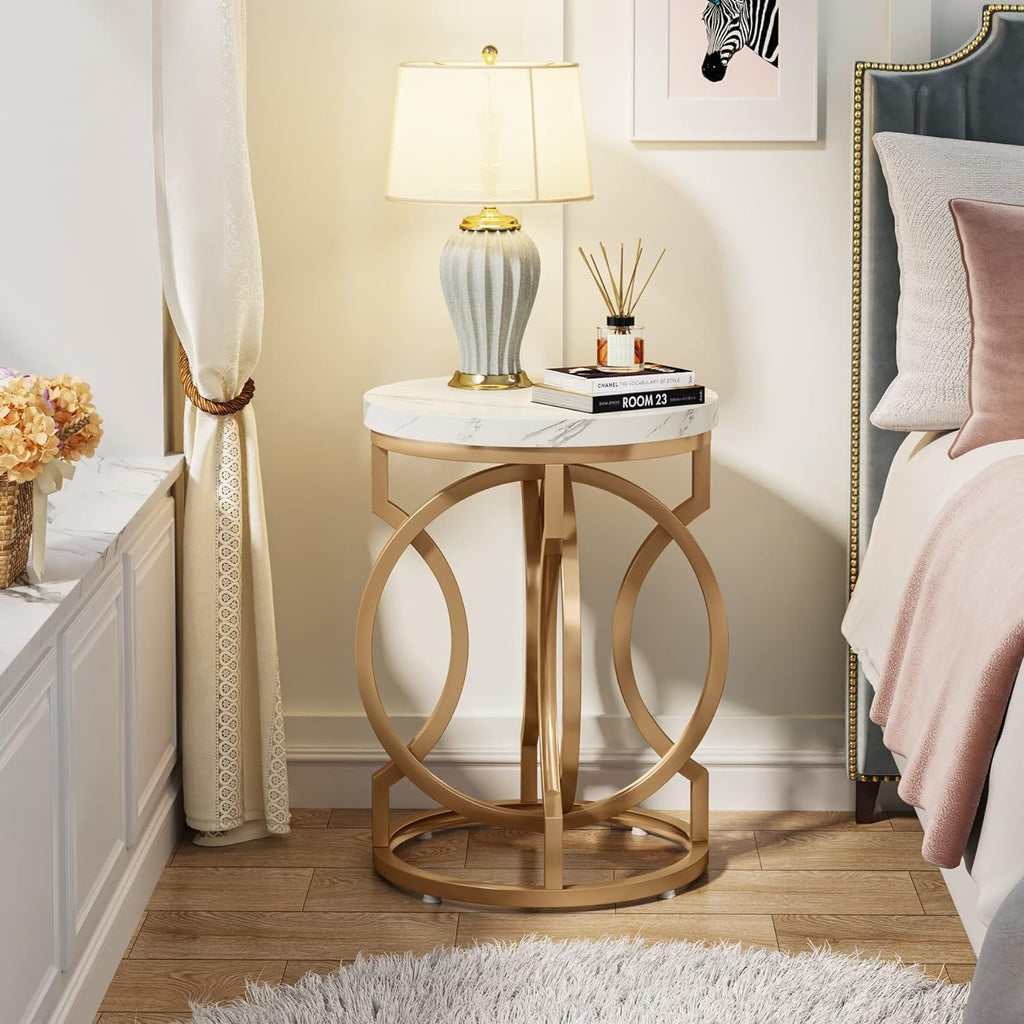 Round End Table with O-Shaped Base - White / Gold