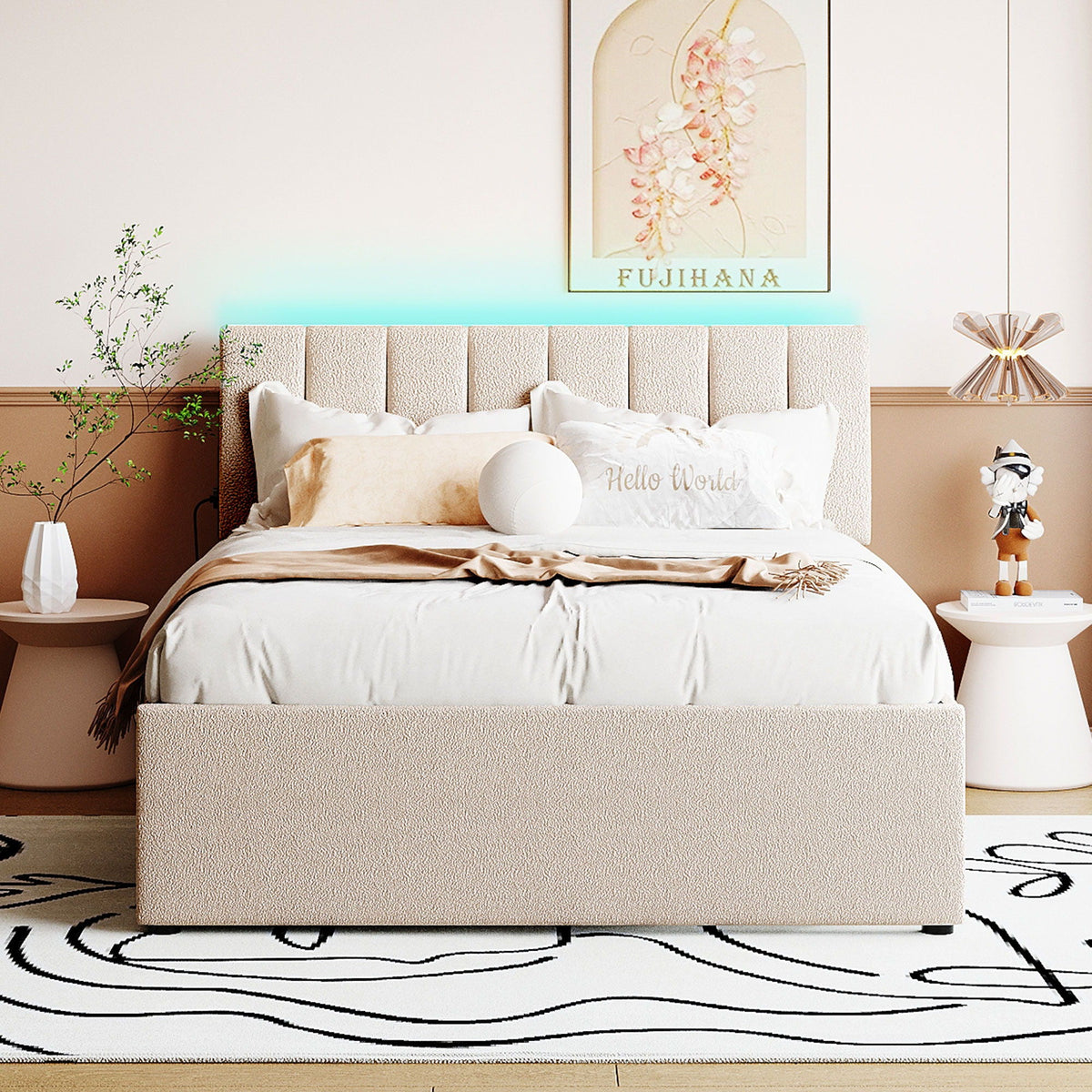 Upholstered Platform Bed With Trundle and LED Lights - Full or Queen