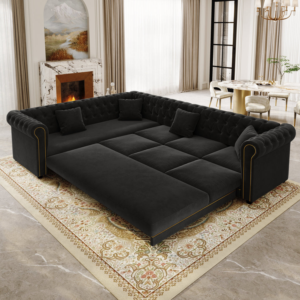 L-Shaped Sofa Couch with Pull-Out Bed - Black Velvet