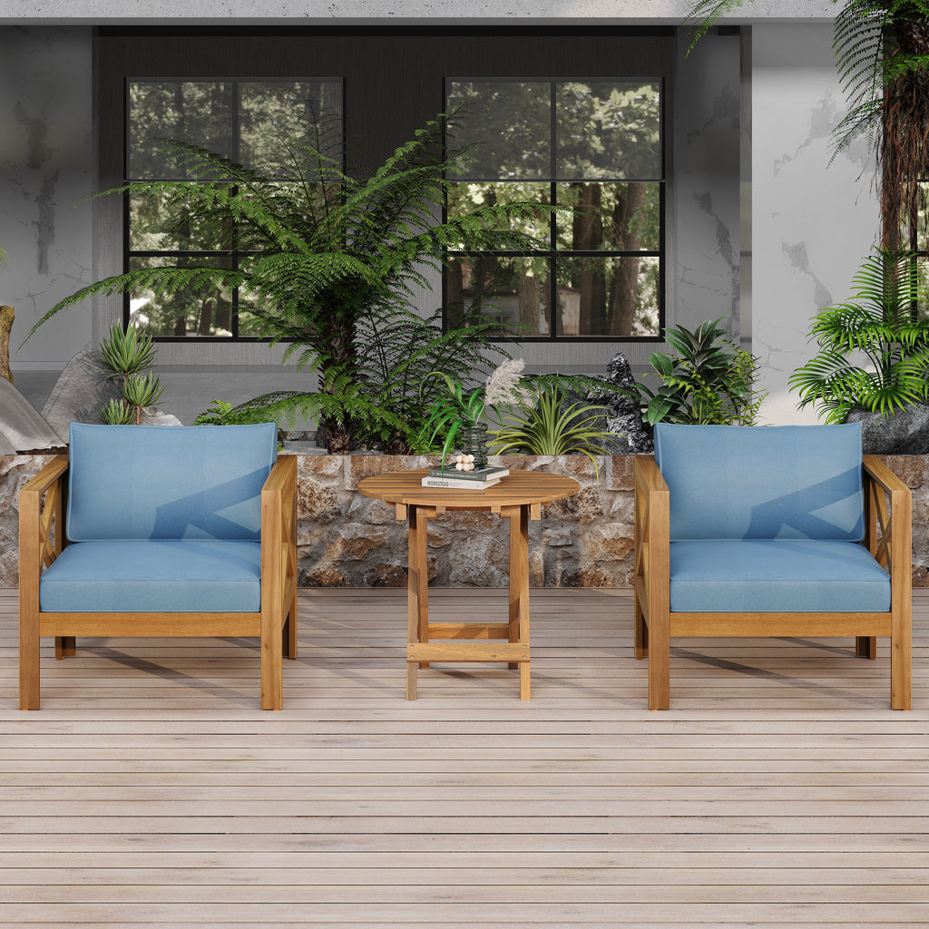 Patio Conversation Set with Cushions and Foldable Side Table - Blue/Teak