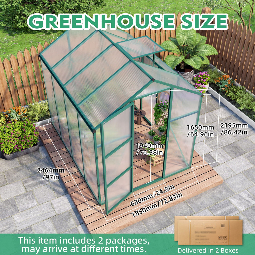 Polycarbonate Walk-In Greenhouse with Raised Base - Green