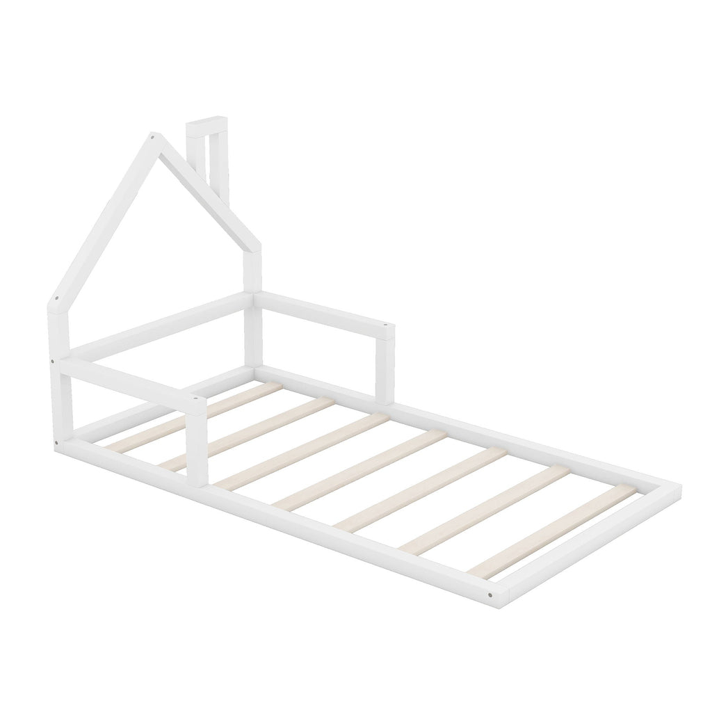 Floor Bed With House Shaped Headboard - Twin Size, Solid Pine - White or Light Brown