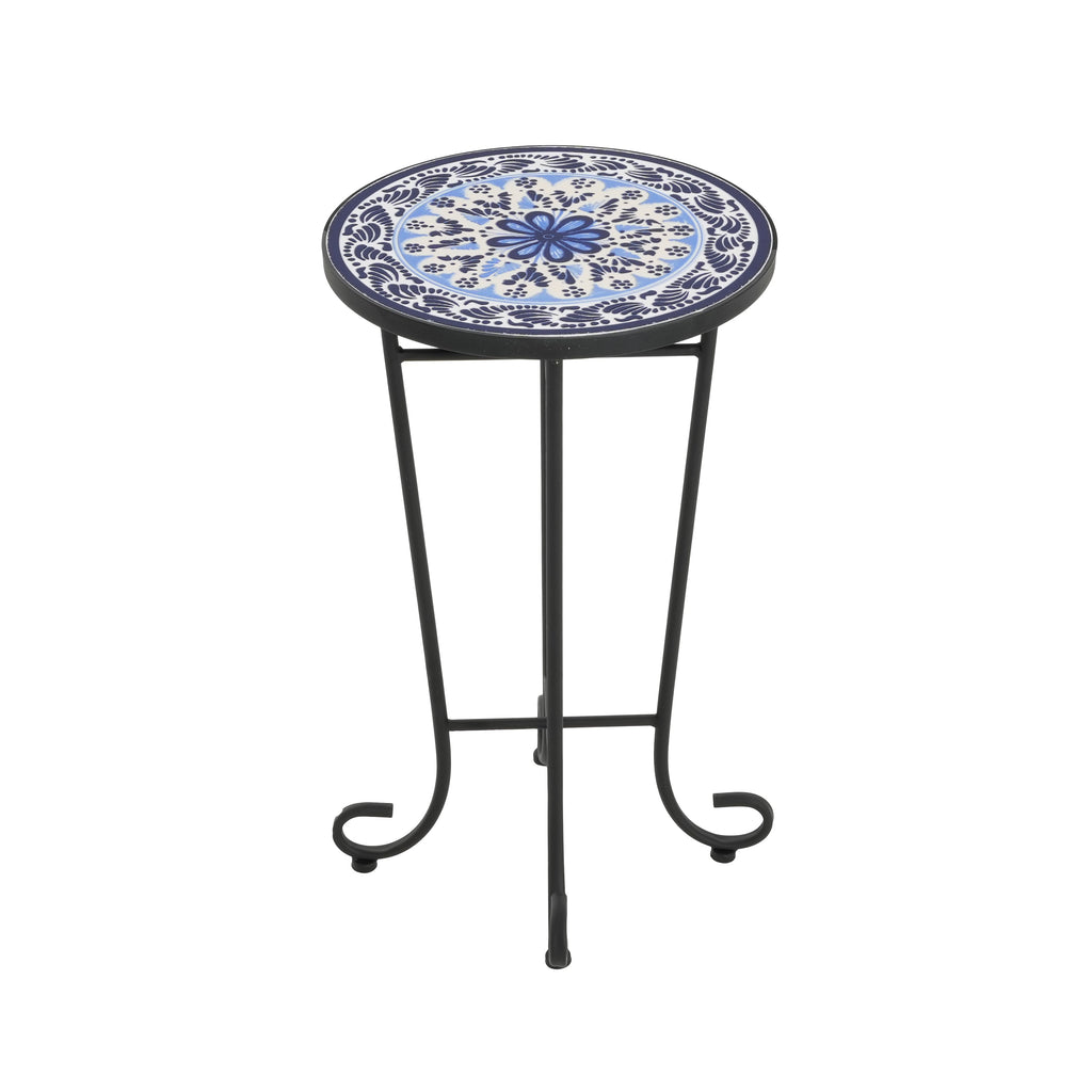 Blue Ceramic Tile Patio Side Table with Black Iron Frame - Outdoor