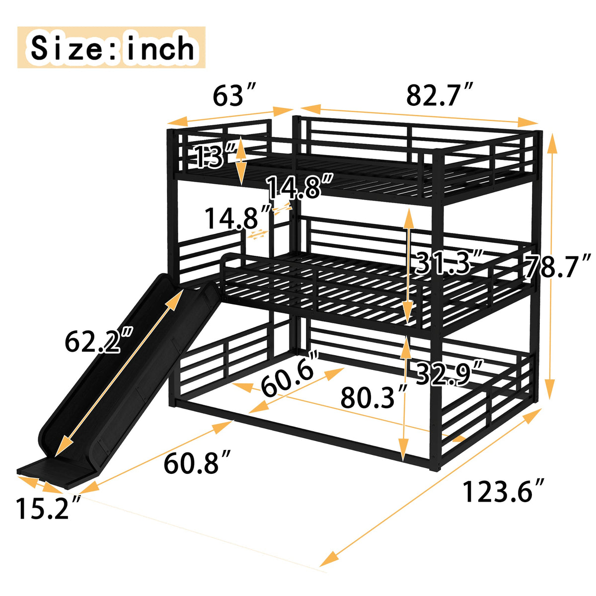 Queen Over Queen Triple Bunk Bed with Slide - Metal Frame