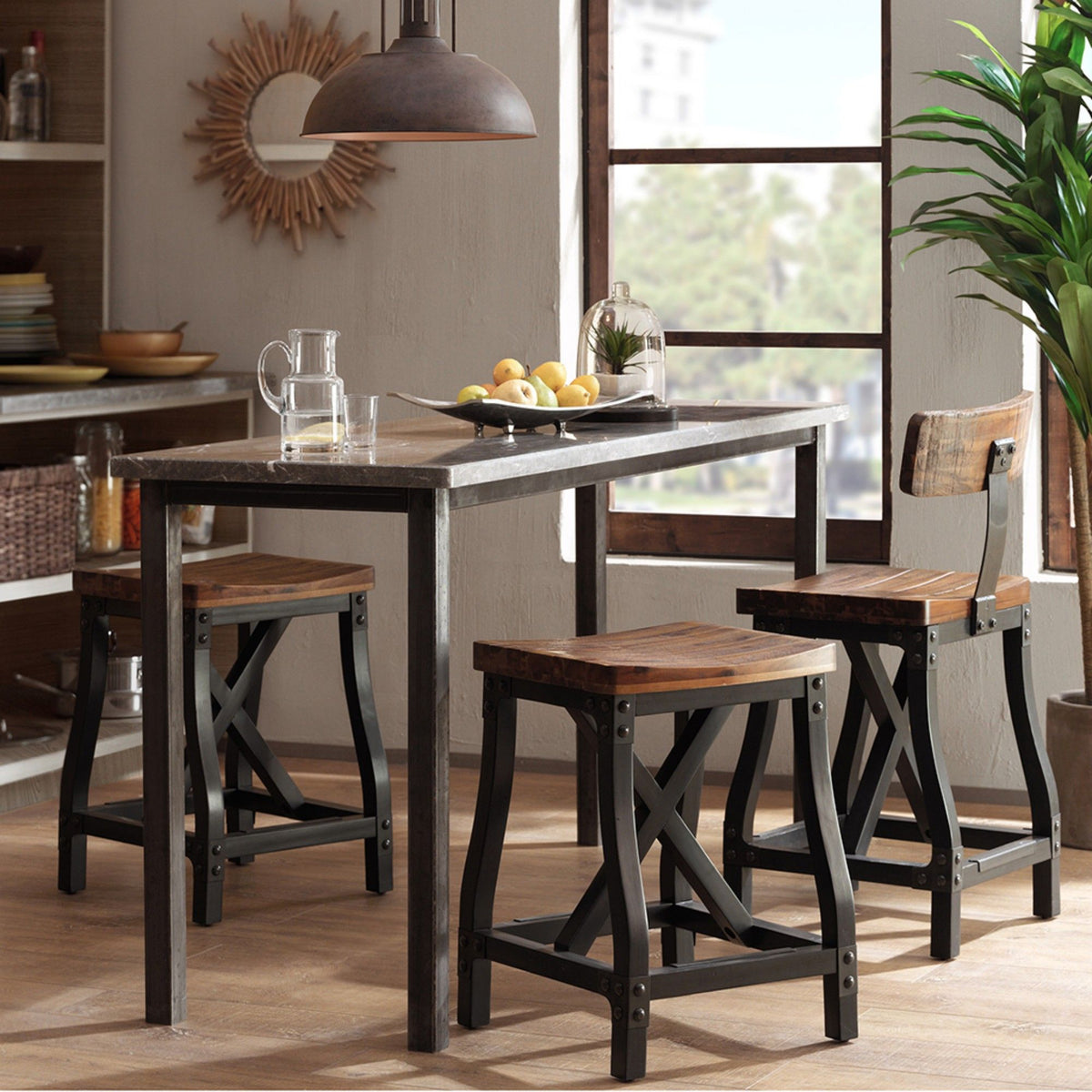 Industrial Counter Stool With Removable Back - Solid Acacia Wood - Amber