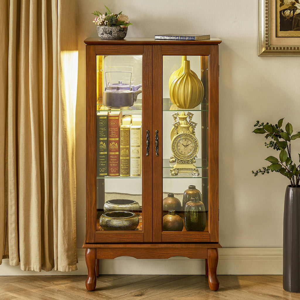 Lighted Curio Display Cabinet with Adjustable Shelves - Light Brown, Dark Brown, Dark Red