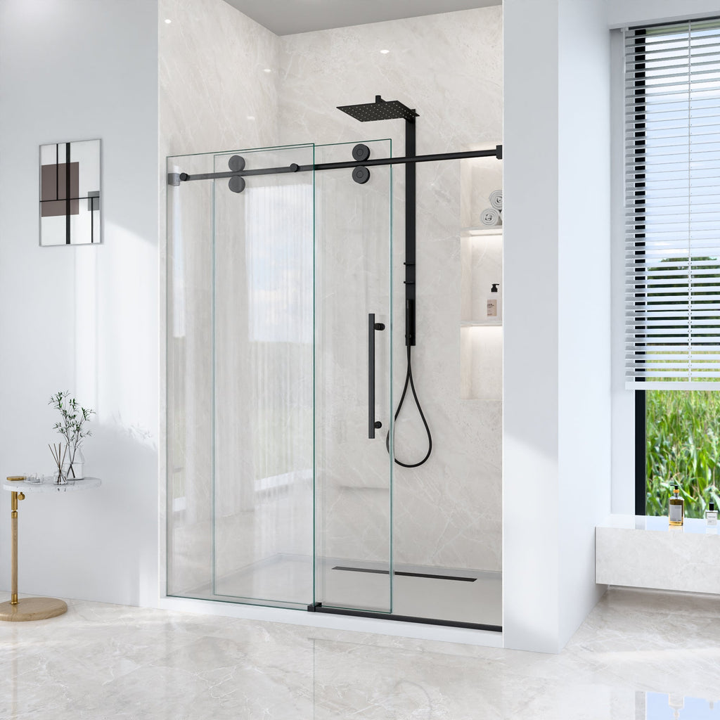 Frameless Single Sliding Shower Door with Matte Finish - Matte Black