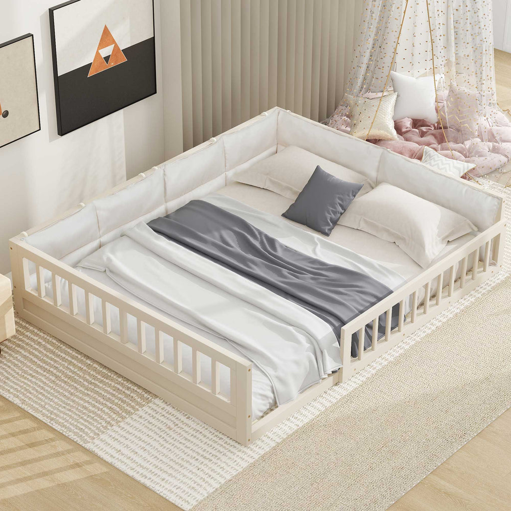 Upholstered Platform Bed with Guardrail and Pillow - Dark Gray