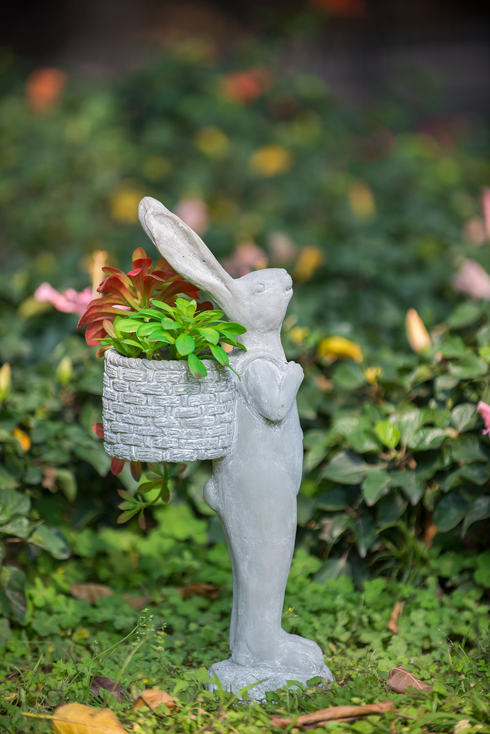 Tall Cement Rabbit Planter with Basket - Organic Gray