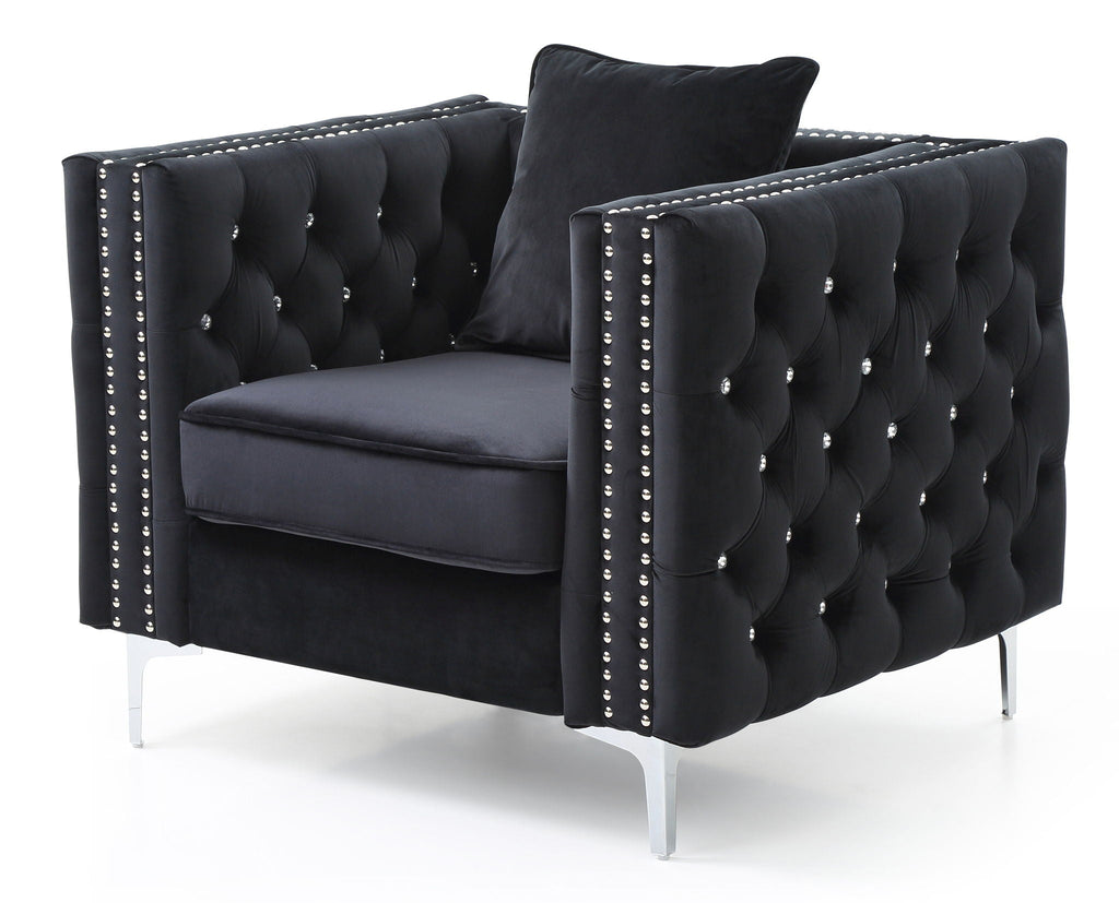 Tufted Design Arm Chair with Faux Diamond Buttons - Black or Blue