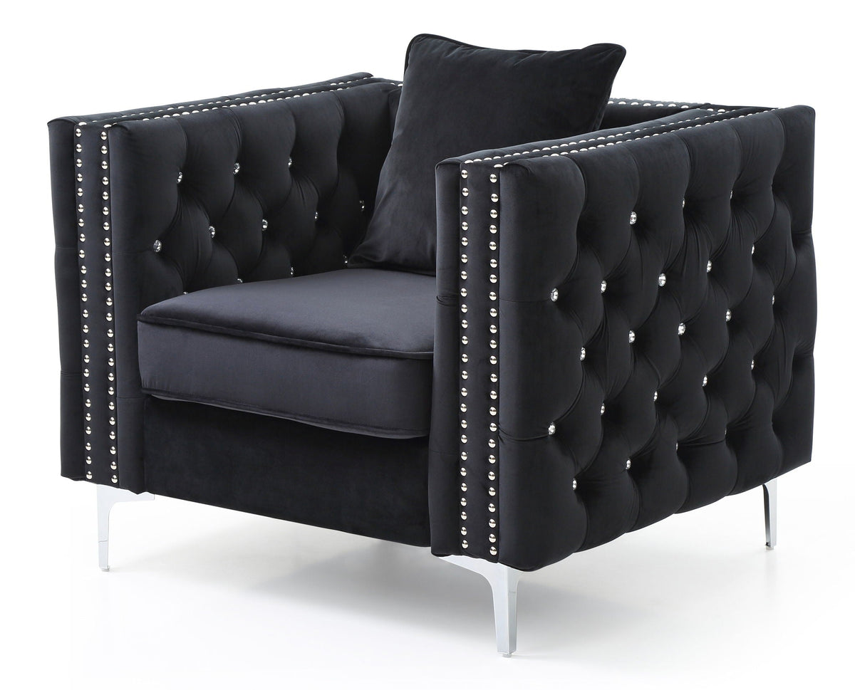 Tufted Design Arm Chair with Faux Diamond Buttons - Black or Blue
