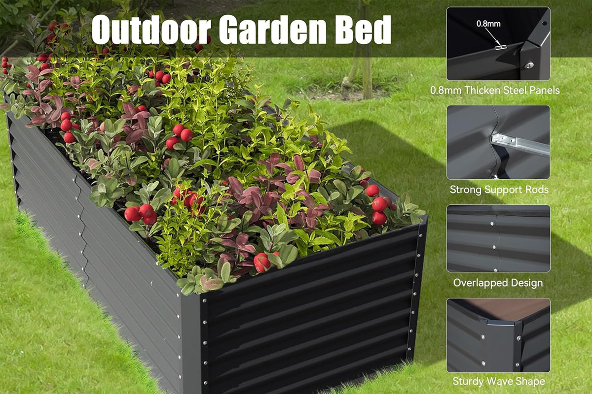 8×4×1.5 ft Galvanized Raised Garden Bed with Support Rods - Dark Gray