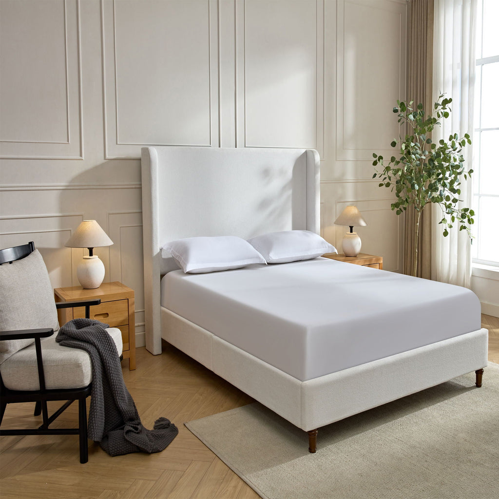 Tall Headboard Upholstered Bed with No Box Spring Needed - Cream