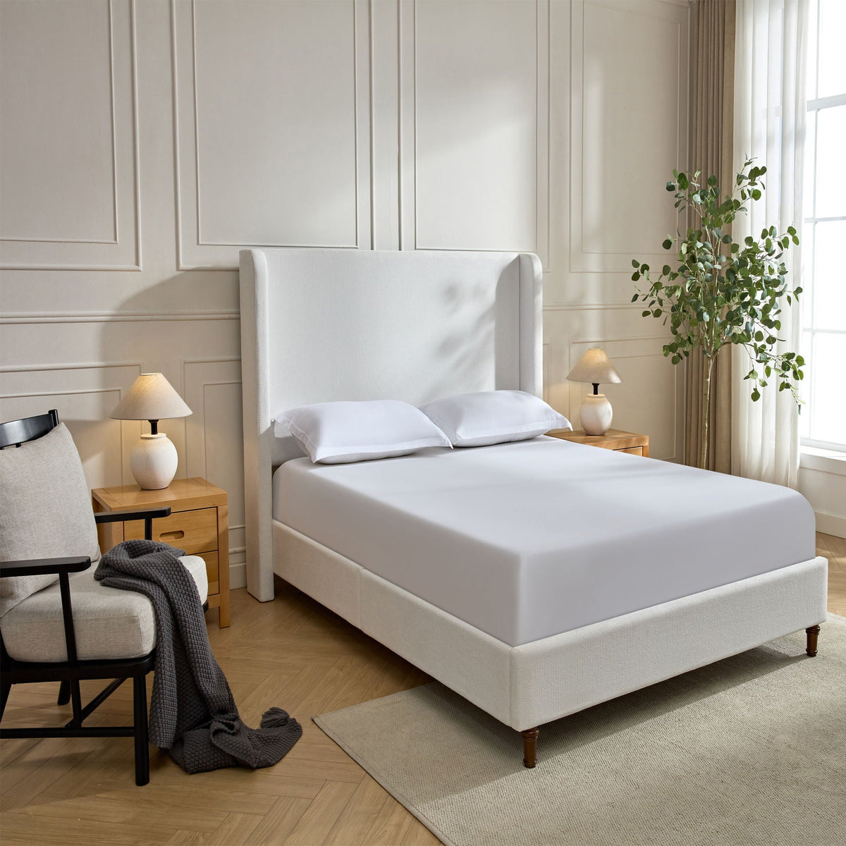 Tall Headboard Upholstered Bed with No Box Spring Needed - Cream