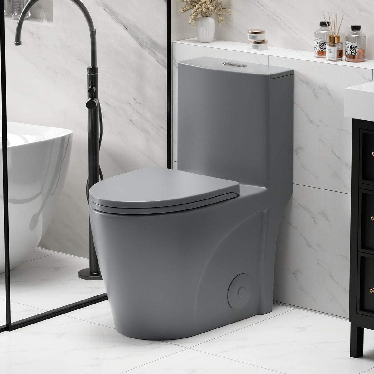 1 Piece Toilet with Tornado Flush and Dual Flush - ADA Height Chair - Gray, Pink, or Black