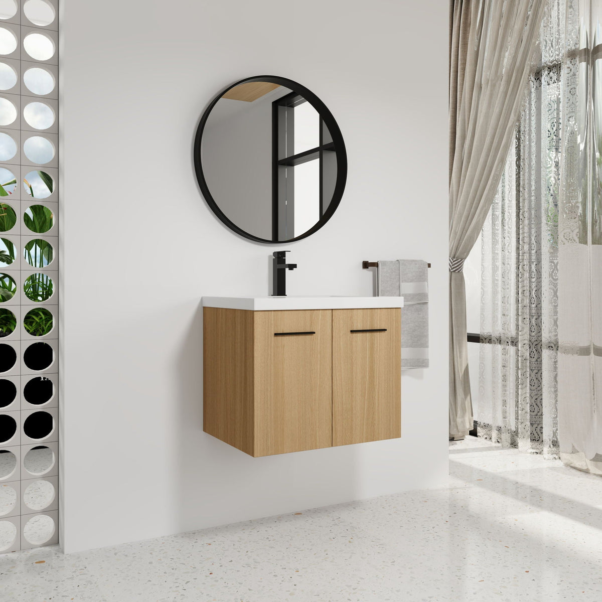 Floating Bathroom Vanity With Sink, Wall Mounted Double Door Storage - Light Brown