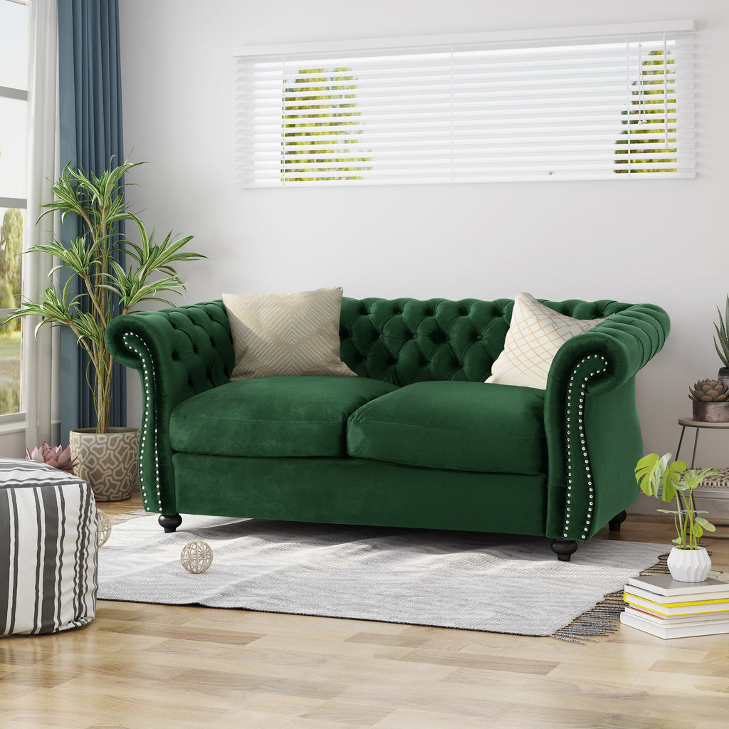 Chesterfield Loveseat Sofa with Tufted Velvet - Emerald or Navy Blue