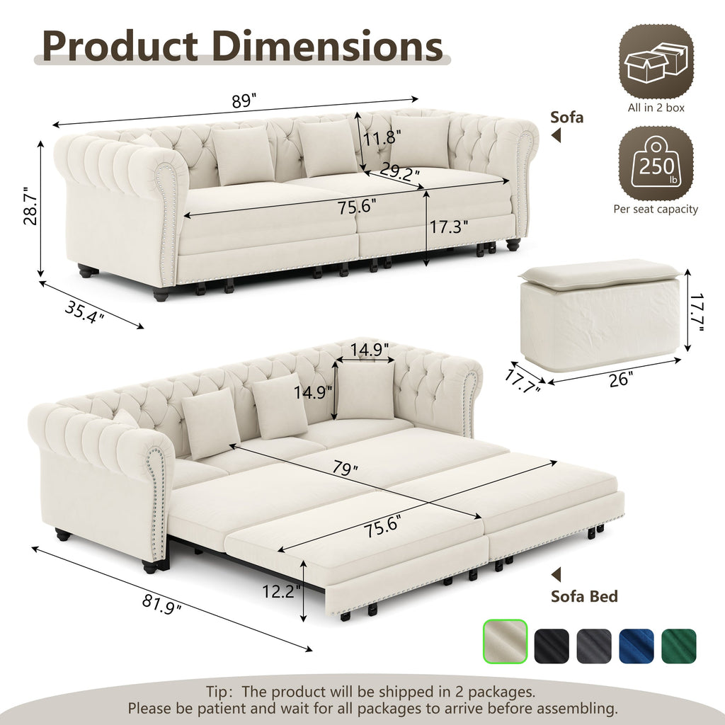 Chesterfield 3-in-1 Pull-Out Sofa Bed with Ottoman - Velvet