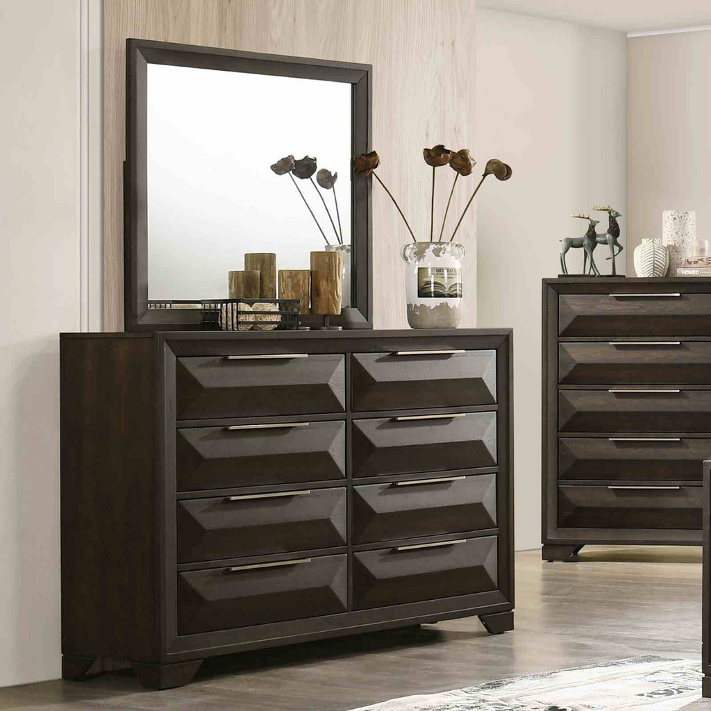 Espresso Dresser & Mirror with 8 Drawers and Beveled Bracket Feet
