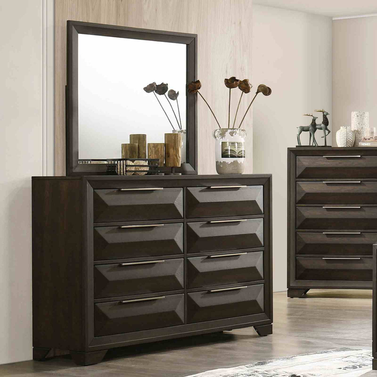 Espresso Dresser & Mirror with 8 Drawers and Beveled Bracket Feet
