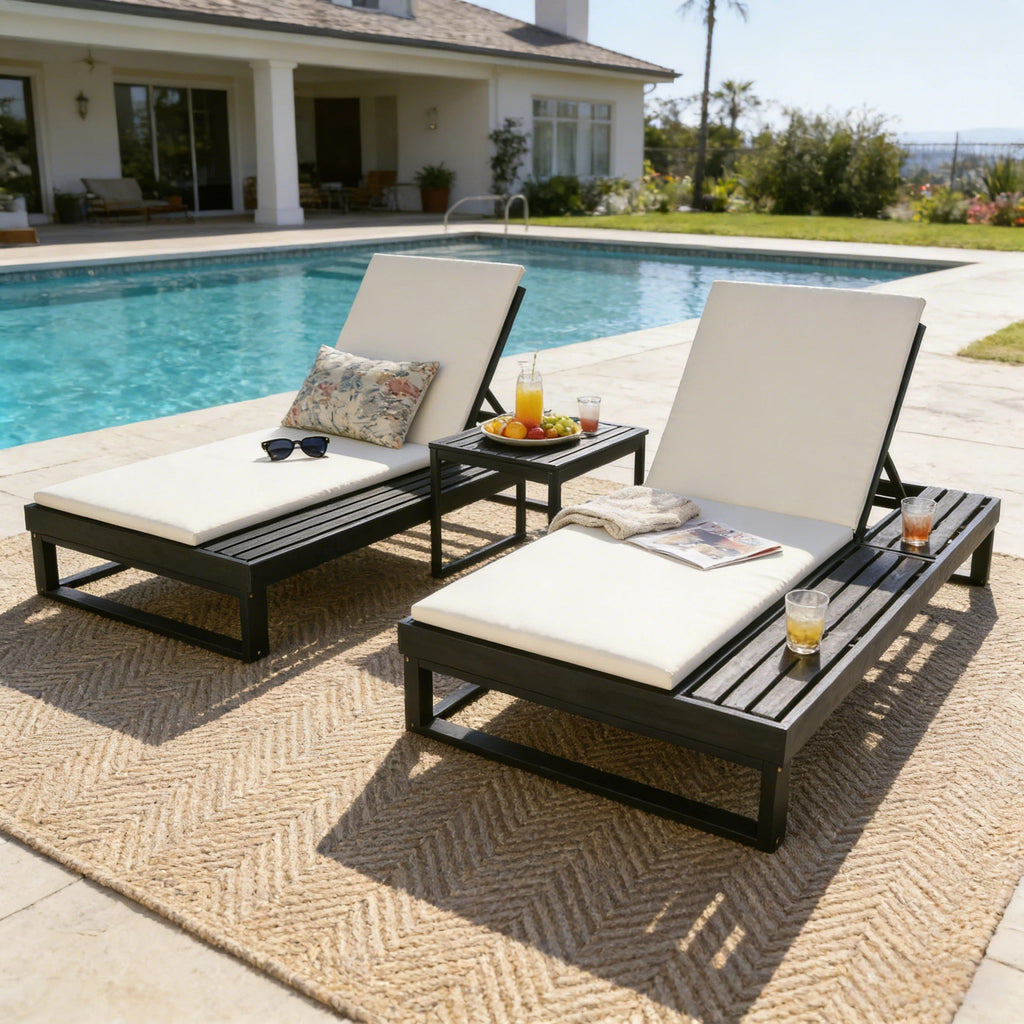 Black Acacia Wood Chaise Lounge with Cushions – Black